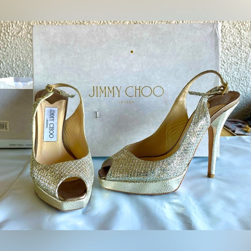 Jimmy Choo Gold Glitter Peep-Toe Slingback Heels